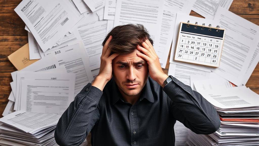 A stressed individual surrounded by tax documents and a calendar showing a past due date.