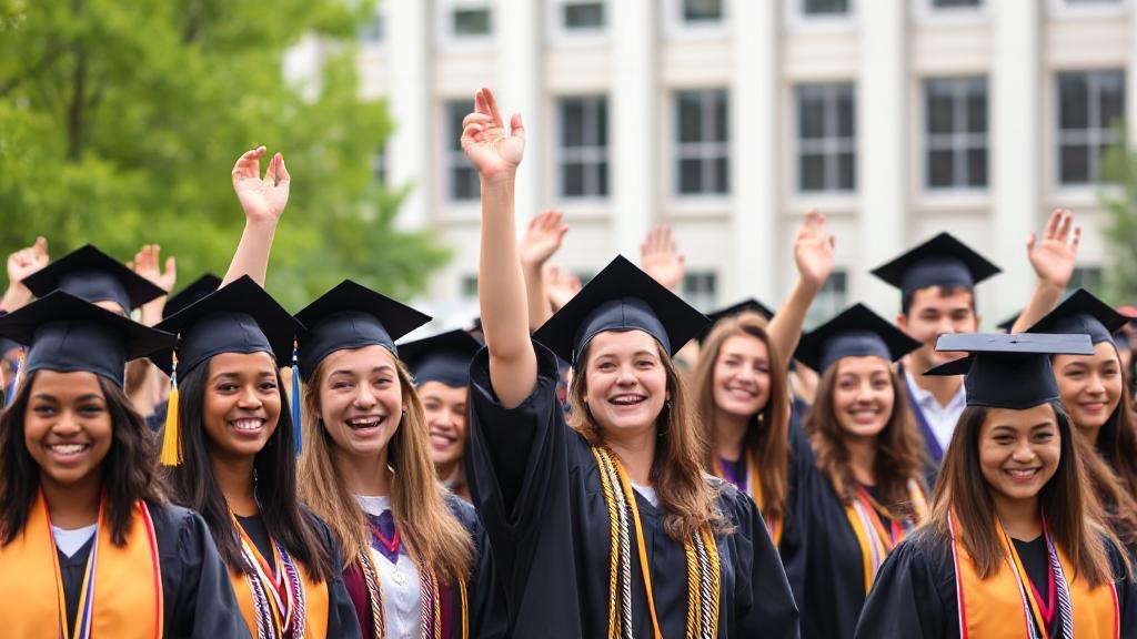 A diverse group of students in graduation caps and gowns celebrating on a university campus.