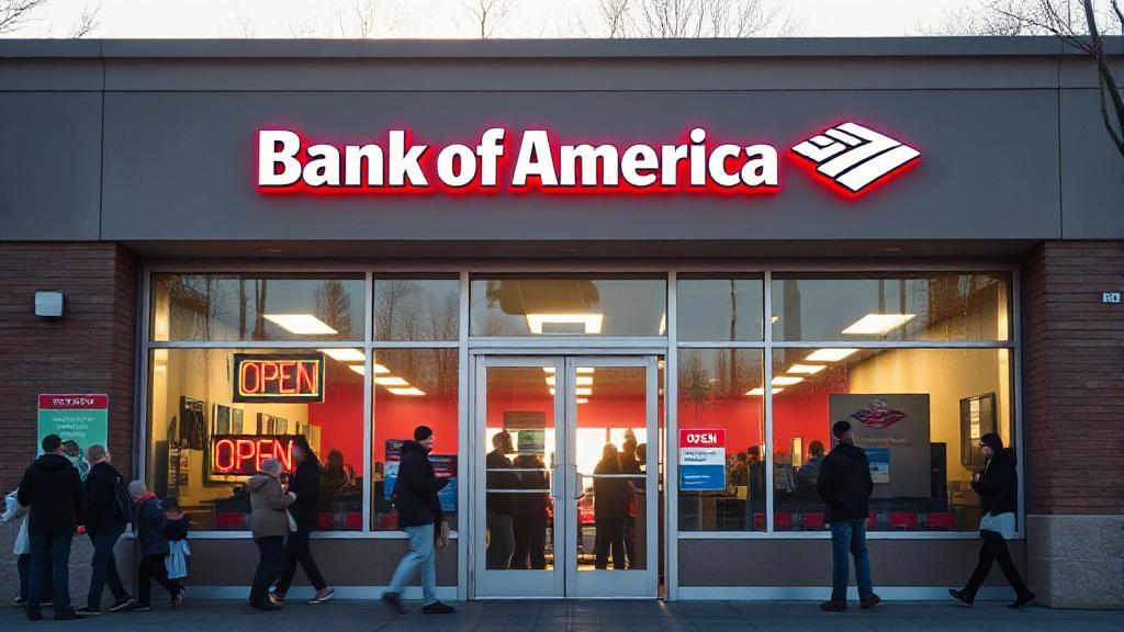 A bustling Bank of America branch with a clear "Open" sign and customers entering in the early morning light.