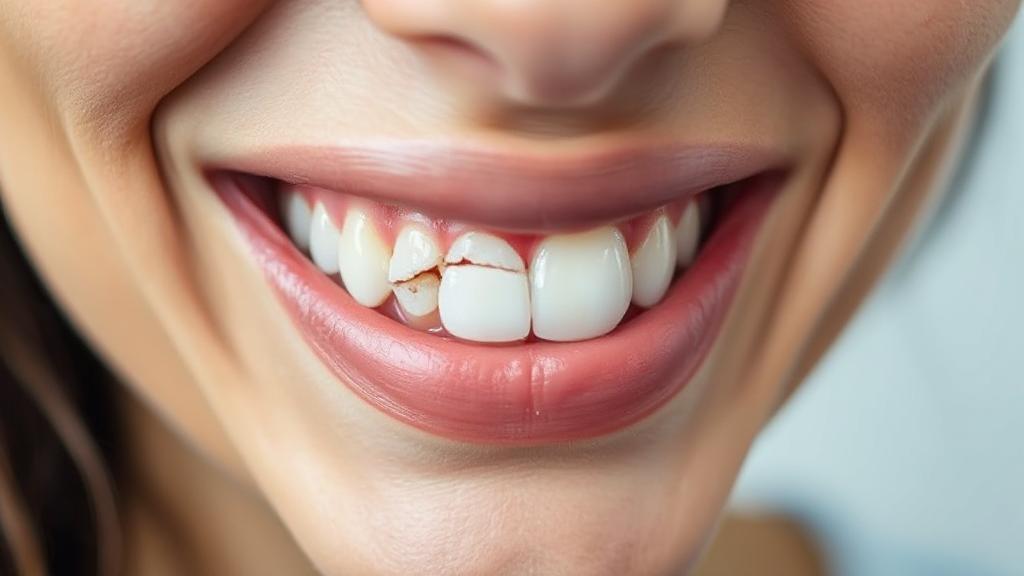 A close-up image of a smiling person with a chipped front tooth, highlighting the contrast between the damaged and healthy teeth.
