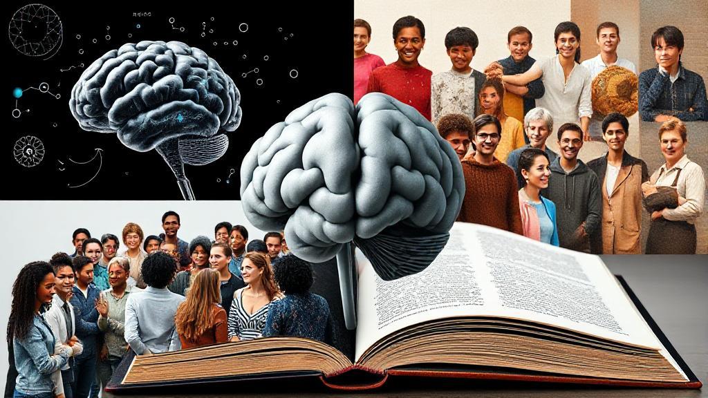 A balanced collage of a brain, a group of diverse people, and an open book, symbolizing the intersection of science, social science, and humanities in psychology.