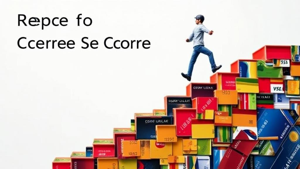 A vibrant image of a person confidently climbing a staircase made of credit cards, symbolizing the journey to repairing and improving one's credit score.