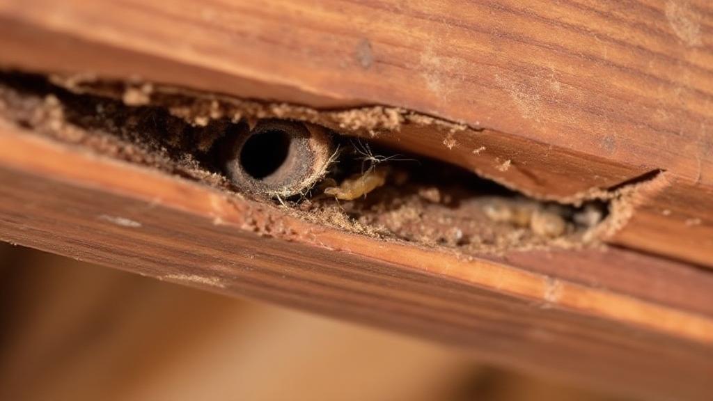 A close-up image of a wooden beam with visible termite damage, including tunnels and frass, highlighting the signs to watch for.