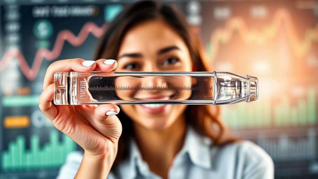 A bright, inviting image of a smiling person holding a clear aligner, set against a backdrop of financial symbols and charts.
