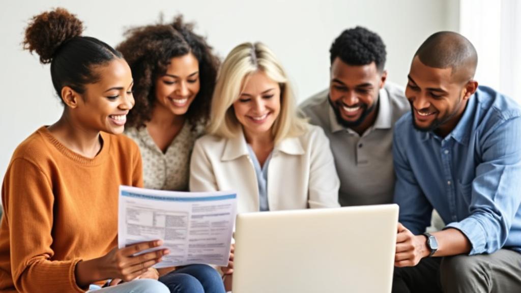A diverse group of people reviewing medical insurance documents and using a laptop, symbolizing accessibility and guidance in obtaining coverage.