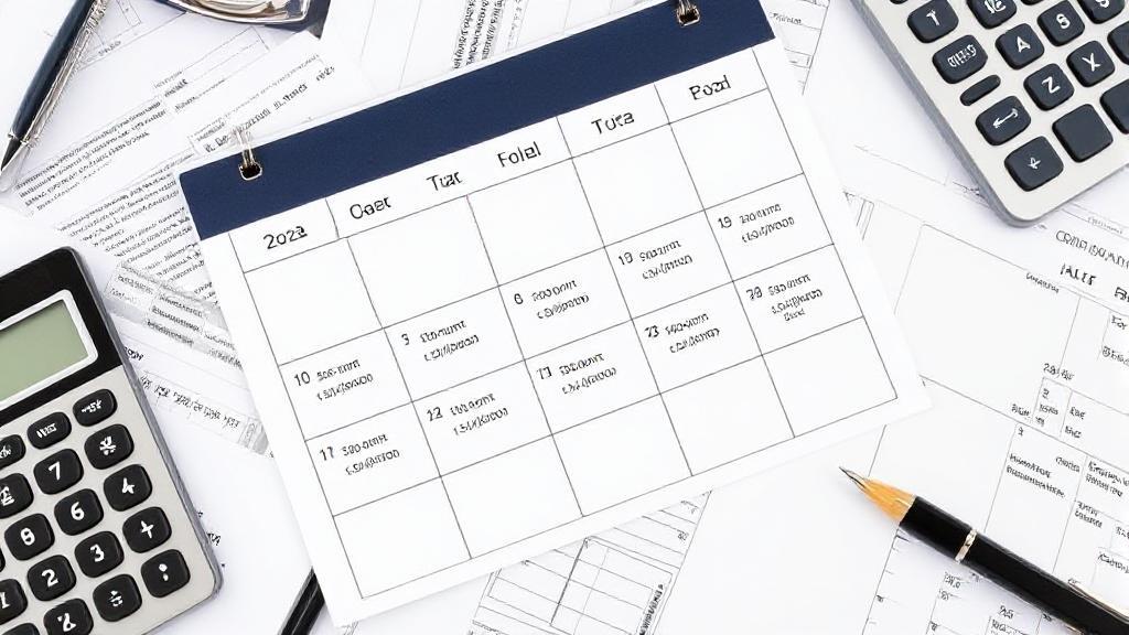 A calendar marked with important tax filing dates for 2024, surrounded by financial documents and a calculator.