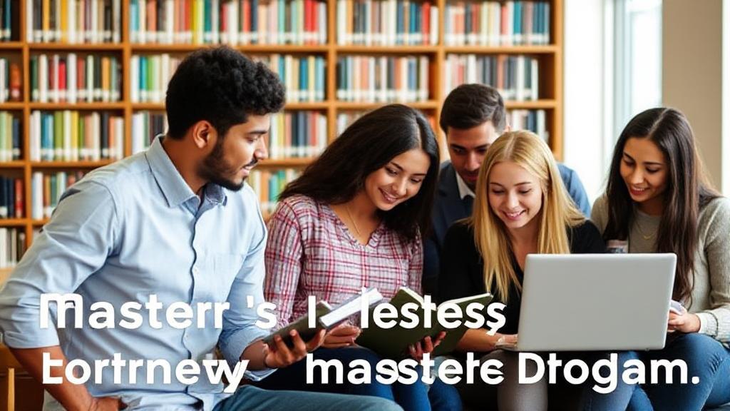 A diverse group of students studying together in a library, surrounded by books and laptops, symbolizing the journey and commitment of a master's degree program.