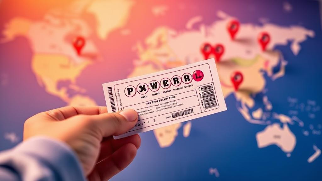 A vibrant image of a hand holding a Powerball ticket with a map and location pins in the background, symbolizing the search for nearby purchase points.