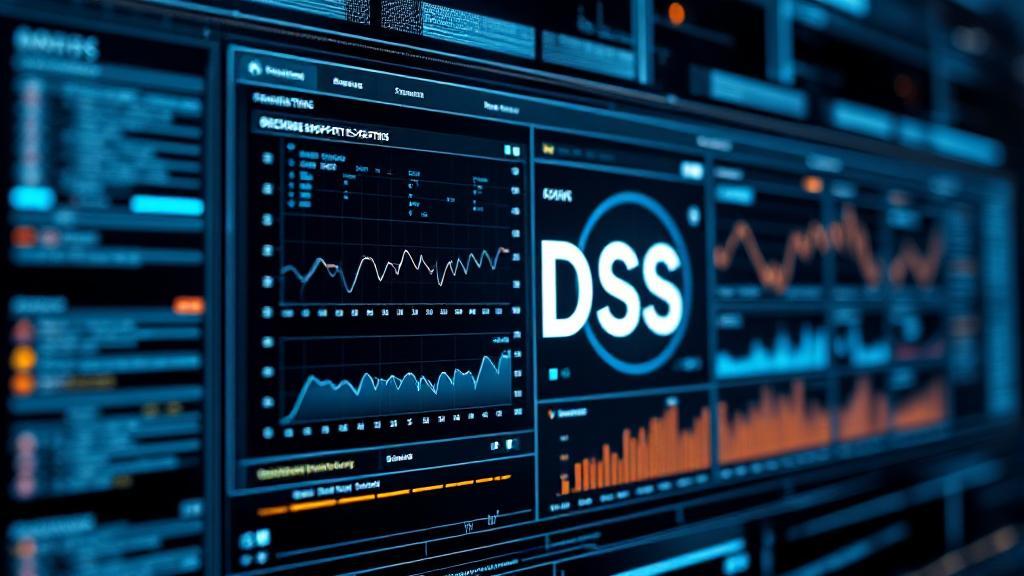 A sleek, futuristic digital interface displaying data streams and analytics, symbolizing the functionality of Decision Support Systems (DSS).