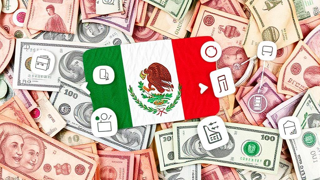 A vibrant collage of Mexican pesos and digital transaction icons symbolizing the fusion of traditional and modern money transfer methods.
