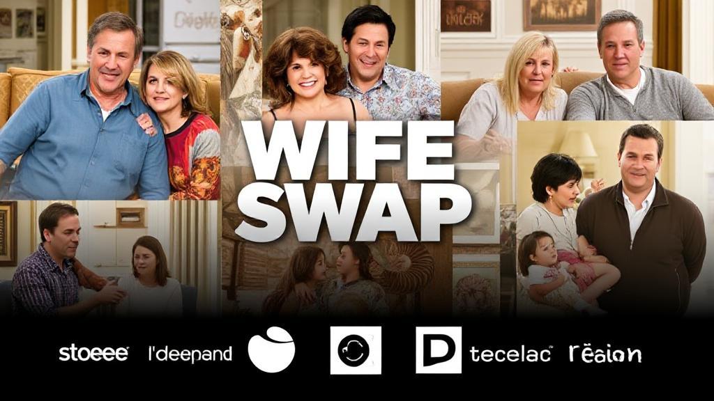 A dynamic collage of scenes from "Wife Swap," featuring families in contrasting lifestyles, set against a backdrop of streaming platform logos.