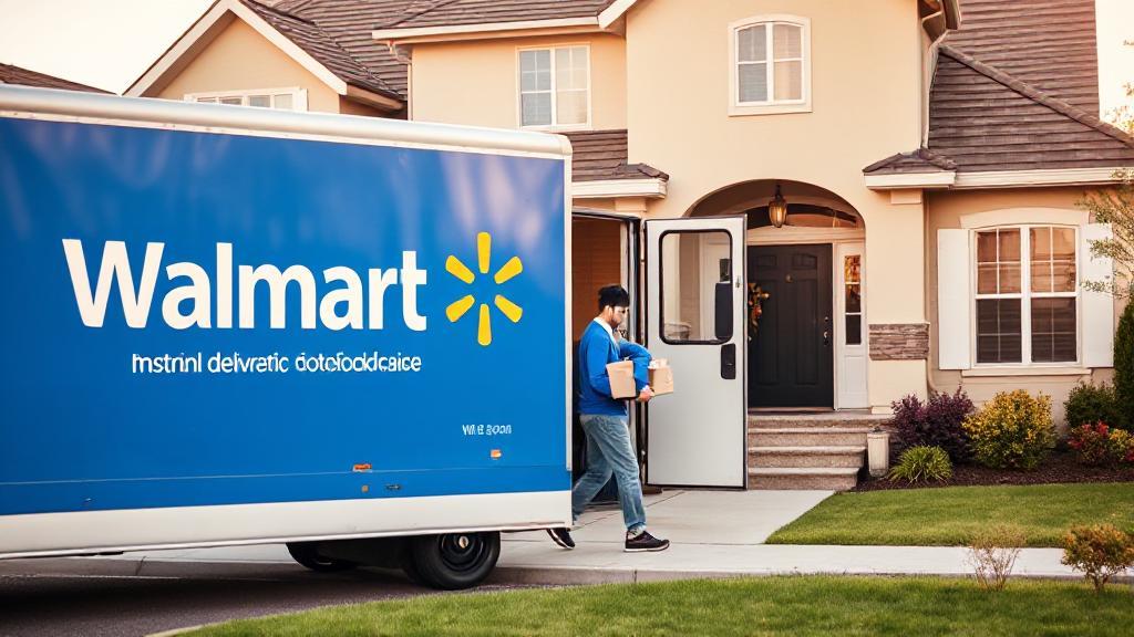 A Walmart delivery truck parked in front of a suburban home, with a delivery driver carrying a package to the doorstep.