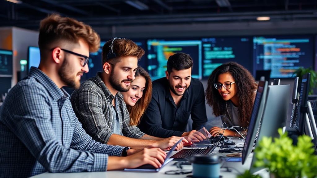 A diverse team of software engineers collaborating on code in a modern tech workspace.