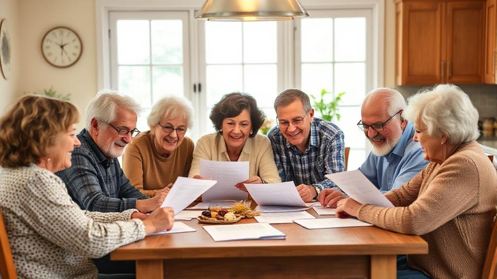 A welcoming image of a diverse group of seniors happily reviewing Medicare enrollment forms at a cozy kitchen table.