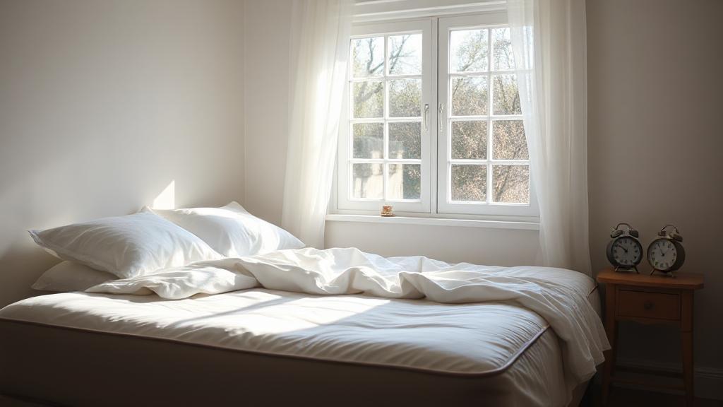 A cozy bedroom scene with a sunlit window, featuring a plush mattress adorned with crisp white linens and a small bedside table with a clock showing early morning.