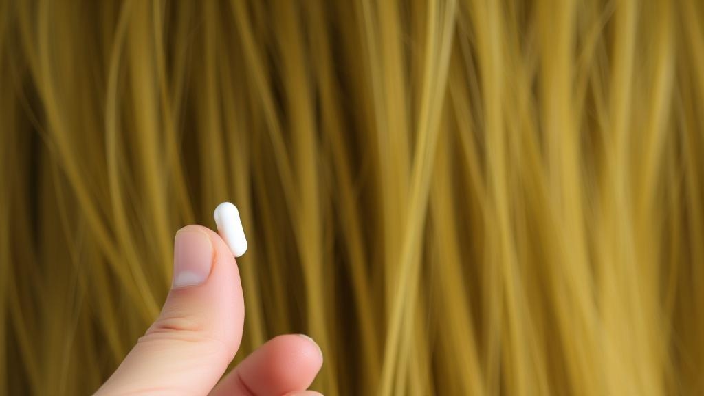 A close-up image of a hand holding a small white pill against a backdrop of lush, healthy hair.