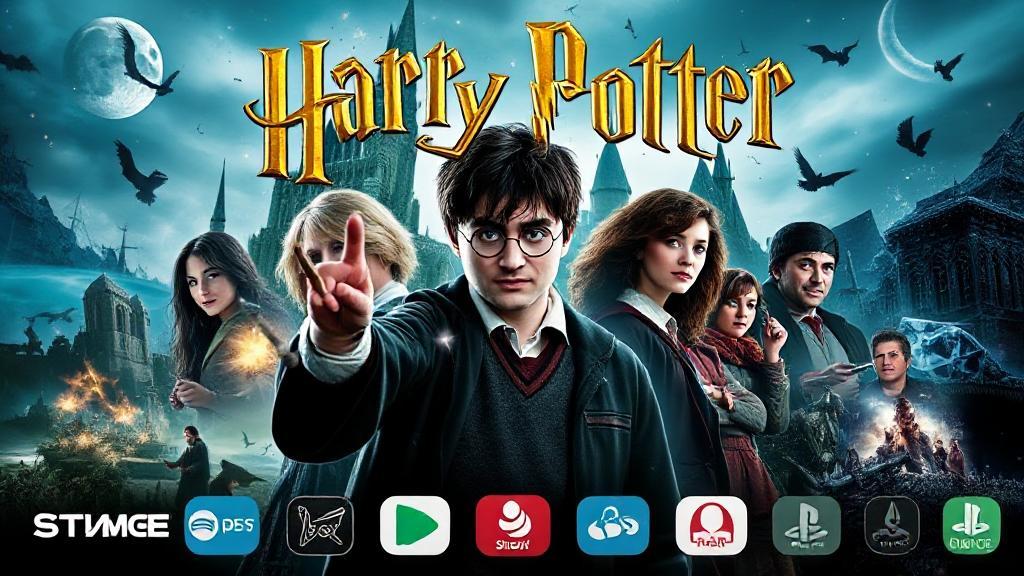 A magical collage featuring iconic scenes and characters from the Harry Potter film series, set against a backdrop of streaming and download icons.