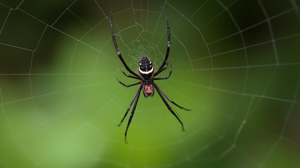 A close-up shot of a black widow spider in its web, highlighting its distinctive red hourglass marking against a blurred natural background.