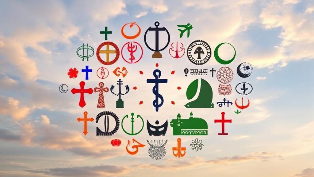 A collage of diverse religious symbols set against a serene sky, representing the unity and diversity of global belief systems.