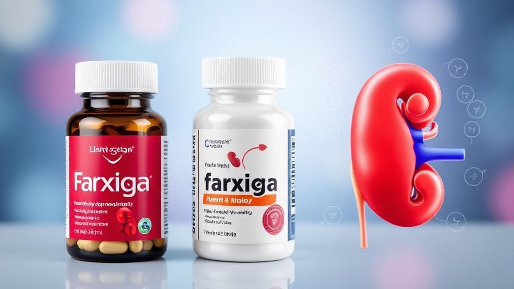 A vibrant, informative header image featuring a Farxiga pill bottle alongside a heart and kidney illustration, symbolizing its benefits for heart and kidney health.