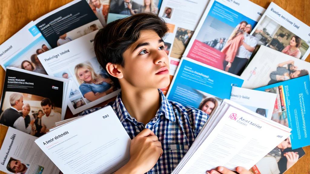 A thoughtful student surrounded by medical school brochures, contemplating their application strategy.