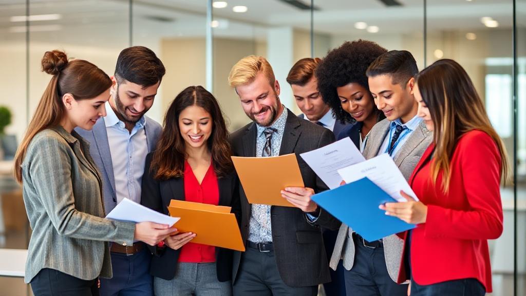 A diverse group of professionals reviewing documents and certificates in a modern office setting, symbolizing the process of accreditation.