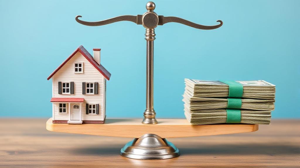 A balanced scale with a house on one side and a stack of money on the other, symbolizing the value assessment in home appraisals.