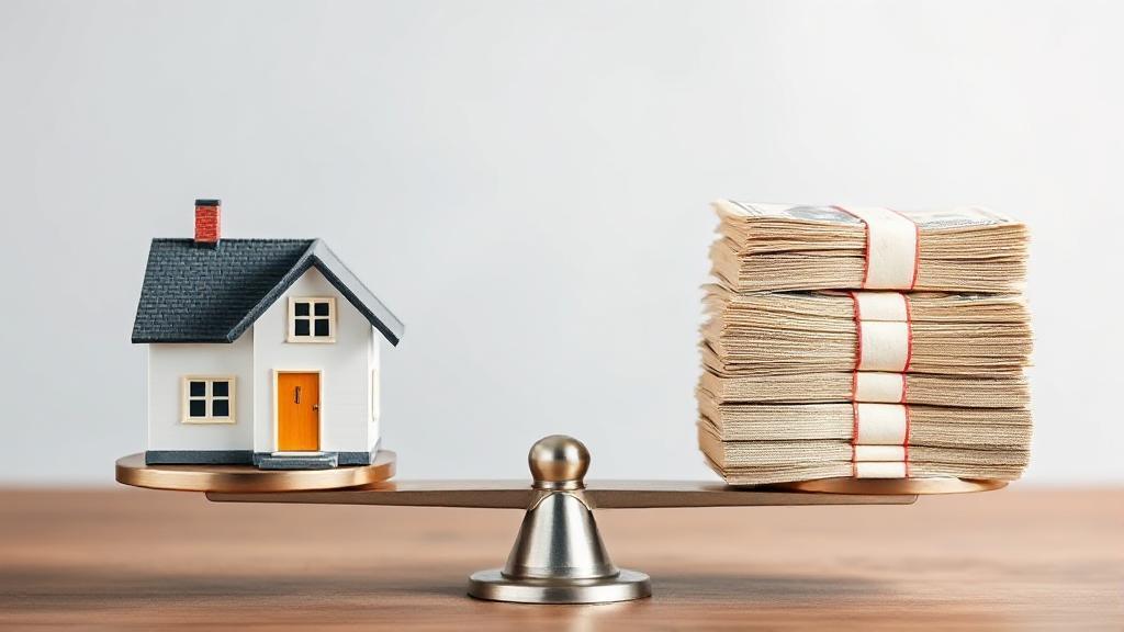 A balanced scale with a house on one side and a stack of money on the other, symbolizing the assessment of rental value.