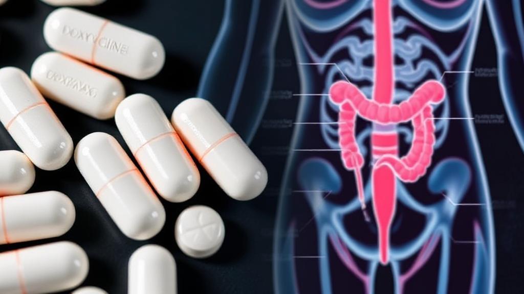 A close-up image of doxycycline capsules alongside a diagram of the human urinary system.