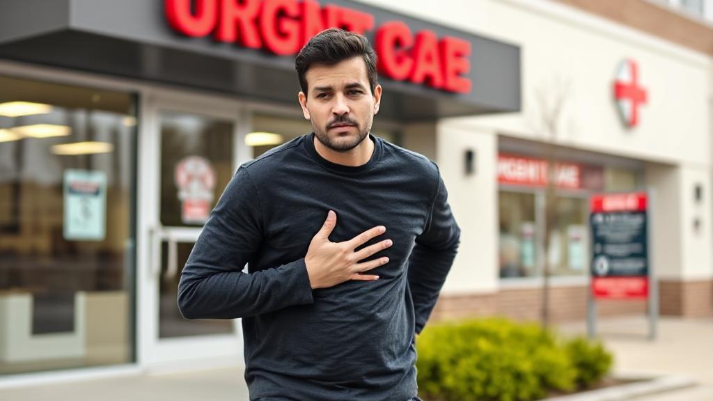 A concerned individual holding their chest, standing outside an urgent care facility, symbolizing the decision to seek immediate medical attention for chest pain.