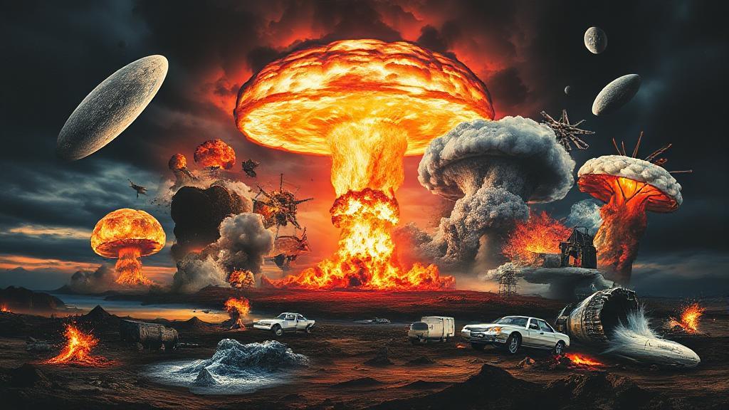 A dramatic collage depicting apocalyptic scenes, including asteroids, nuclear explosions, and extreme weather, set against a dark, ominous sky.