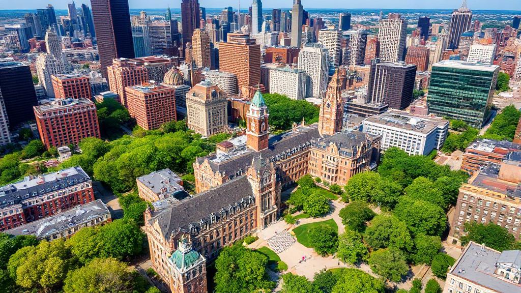A vibrant aerial view of DePaul University's Lincoln Park campus in Chicago, showcasing its blend of historic and modern architecture amidst the city's skyline.