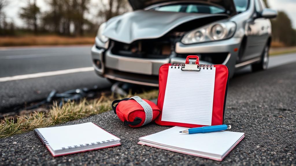 A header image depicting a calm scene of a slightly damaged car on the roadside with an emergency kit and a notepad, symbolizing preparedness and guidance after a car accident.