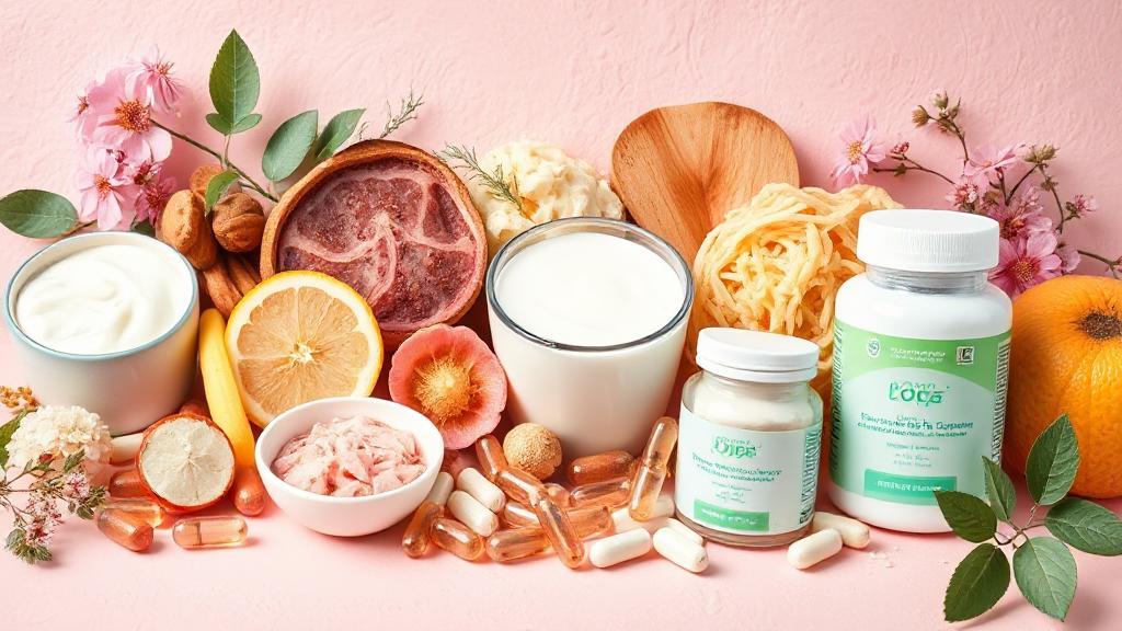 A vibrant header image featuring a variety of probiotic-rich foods like yogurt, kefir, and sauerkraut alongside supplement capsules, with a feminine touch such as soft pink hues or floral accents, symbolizing women's health and wellness.