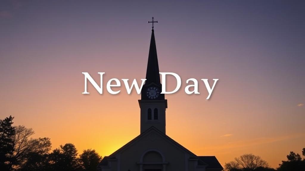 A serene image of a church with a clock tower at sunrise, symbolizing the start of a new day and the beginning of church services.