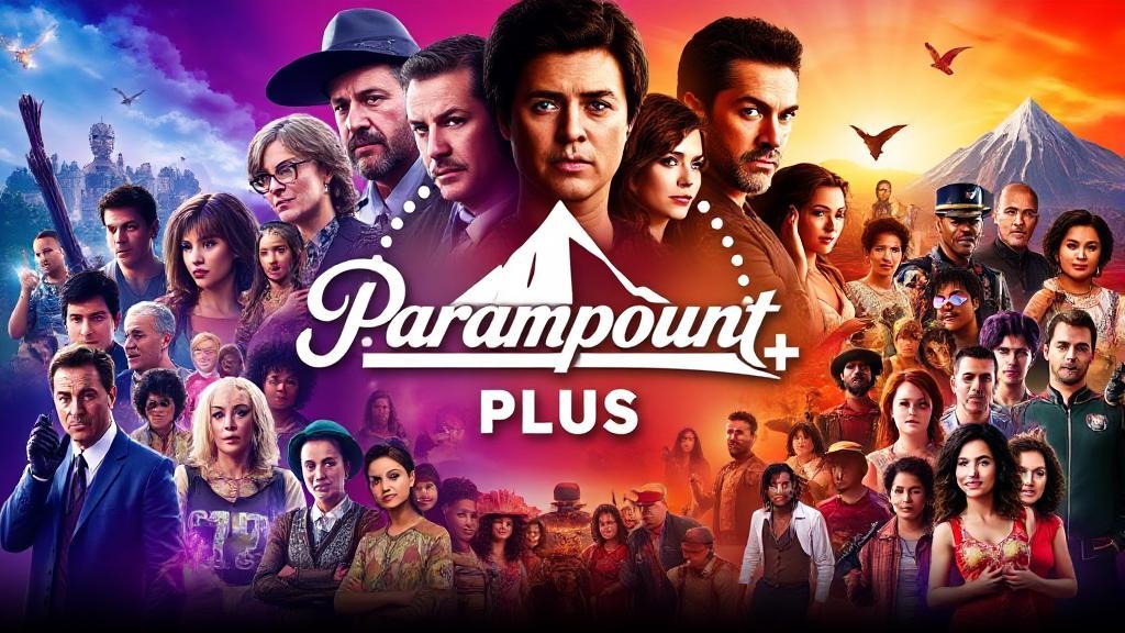 A vibrant collage of popular TV show characters and iconic scenes from Paramount Plus, set against a dynamic backdrop of the streaming service's logo.