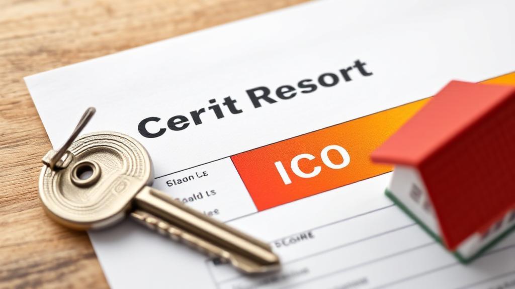 A close-up image of a credit report with a highlighted FICO score, surrounded by a house key and a small model house.