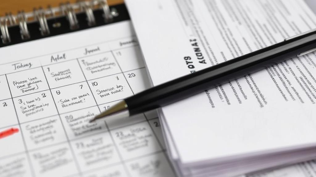 A calendar marked with tax-related reminders and a pen resting on a stack of tax documents.