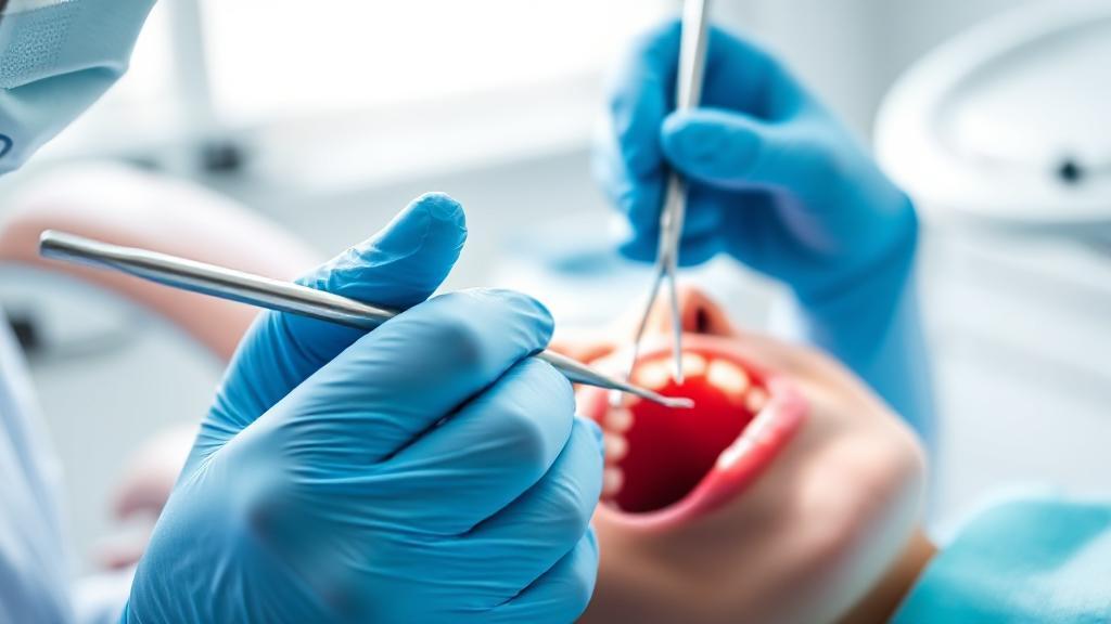 A close-up image of a dentist's gloved hands holding dental extraction tools next to a patient's open mouth in a brightly lit dental office.