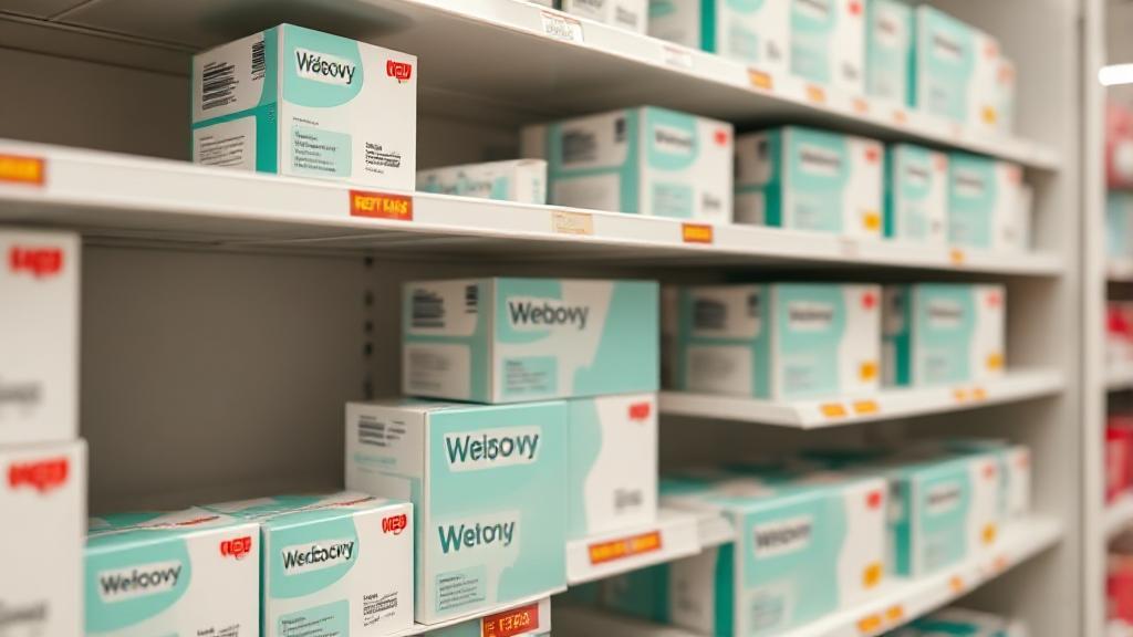 A header image depicting a pharmacy shelf with Wegovy boxes, highlighting the fluctuating supply and availability of the medication.