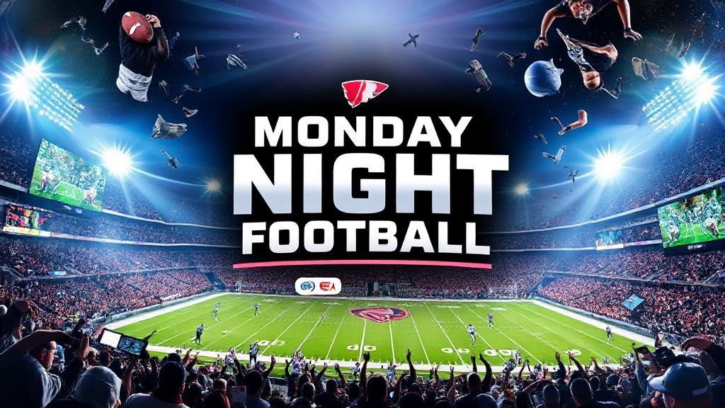 A dynamic collage of football action, featuring a stadium under bright lights, streaming devices, and network logos, capturing the excitement of Monday Night Football.