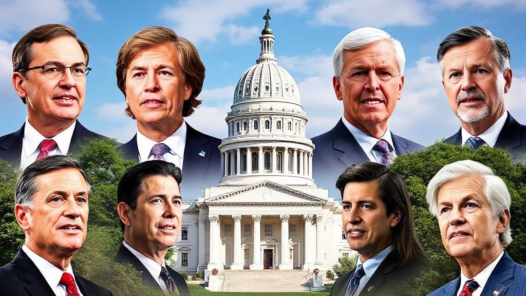 A dynamic collage featuring portraits of the 2024 Indiana gubernatorial candidates against a backdrop of the Indiana State Capitol.