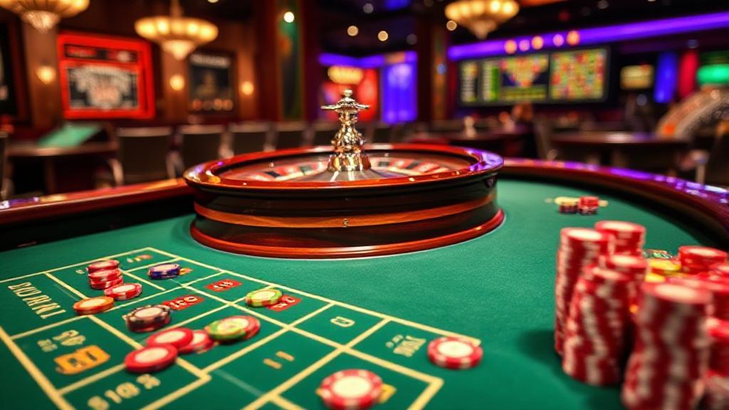 A vibrant casino scene featuring a roulette table with a spinning wheel and colorful chips scattered across the betting layout.