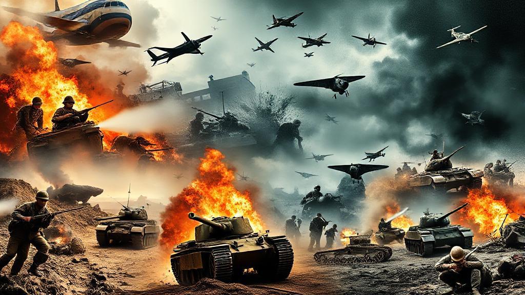 A dramatic collage of iconic World War I and World War II battle scenes, featuring soldiers, tanks, and aircraft in action.