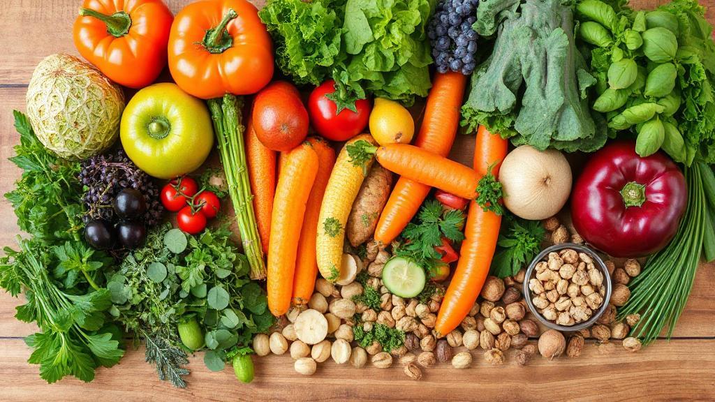 A vibrant assortment of fresh fruits, vegetables, herbs, and nuts arranged on a wooden table, symbolizing natural immune-boosting foods.