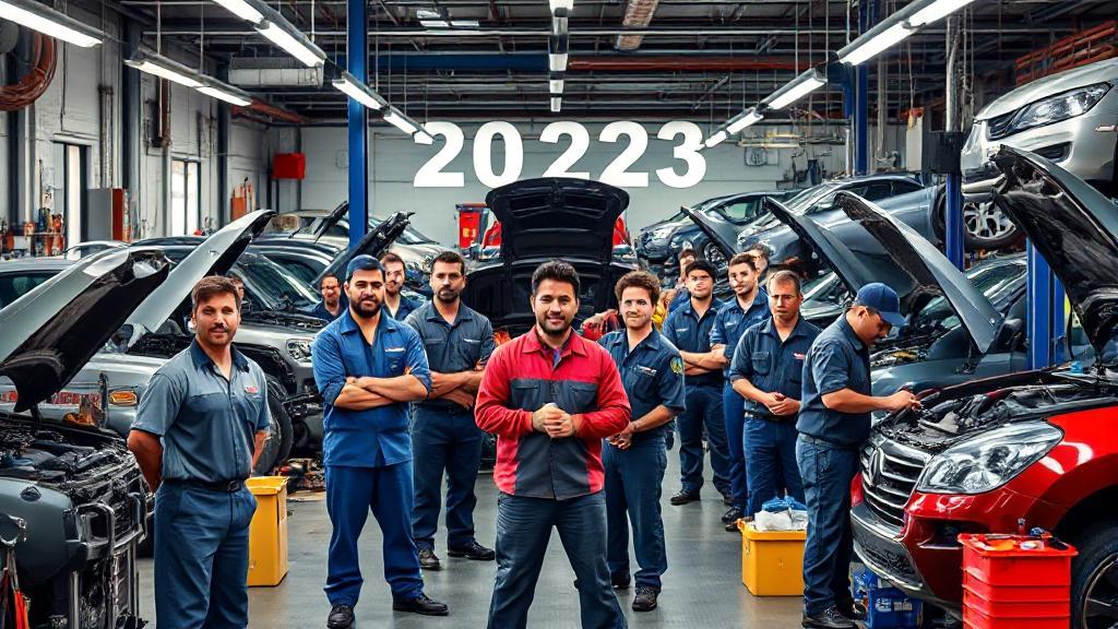 A diverse group of mechanics working in a bustling auto repair shop, surrounded by tools and vehicles, symbolizing the profession's dynamic nature in 2023.