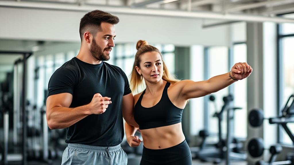 A dynamic image of a personal trainer guiding a client through a workout in a modern gym setting, symbolizing professional expertise and career potential.