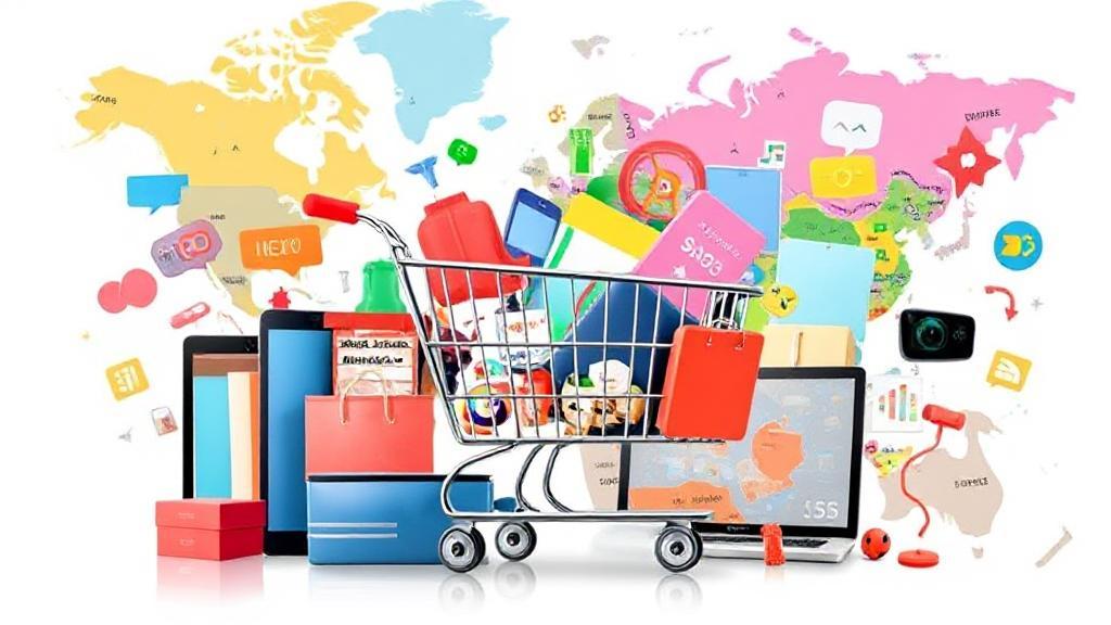 A vibrant collage of diverse online shopping elements, including a shopping cart, credit card, and digital devices, set against a backdrop of a world map.