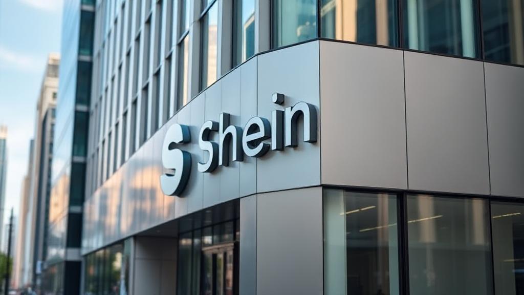 A sleek, modern office building with the Shein logo prominently displayed, set against a bustling urban backdrop.