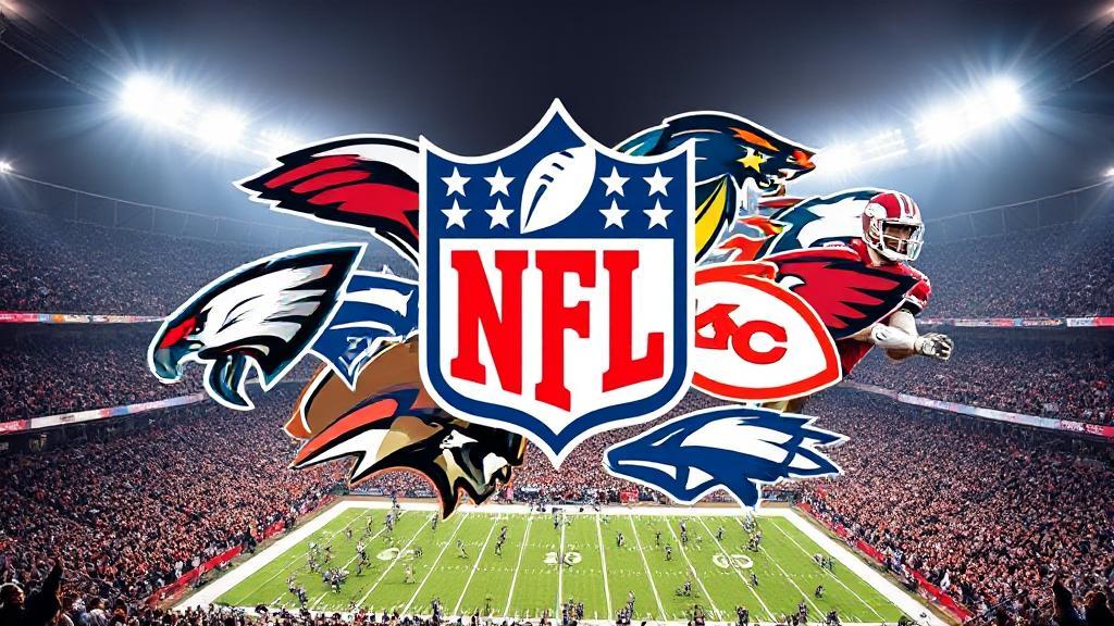 A dynamic collage of NFL team logos and star players in action, set against a backdrop of a roaring stadium crowd under bright stadium lights.